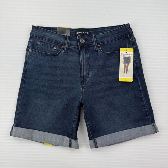 DKNY Jeans Bermuda Shorts Women’s Size 6 Dark Wash Denim Rolled Cuff NWT - Picture 1 of 7